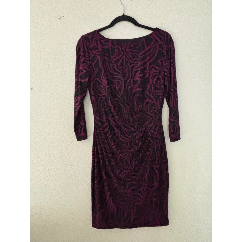 Plum Black Abstract Swirl Dress Boat Neck 3/4 Sleeve Sheath Knee Length S A1093